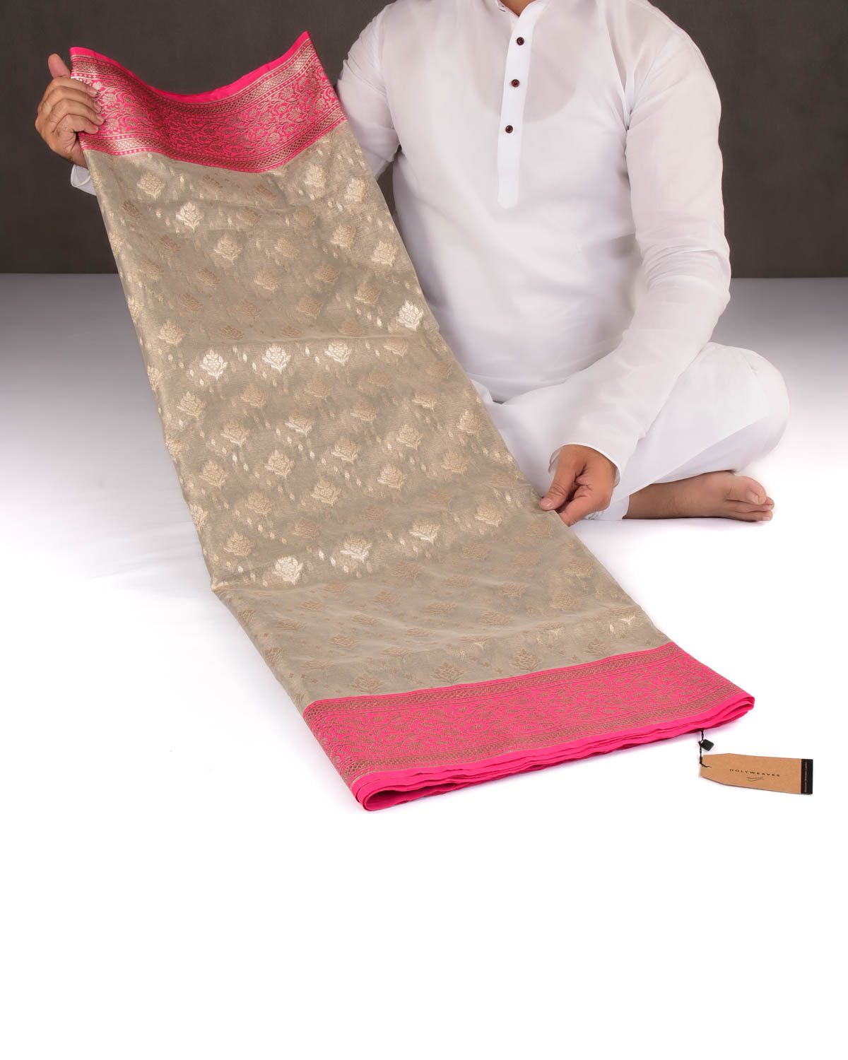 Metallic Gray Banarasi Zari Buti Cutwork Brocade Woven Art Kora Tissue Saree with Contrast Pink Border Pallu-HolyWeaves
