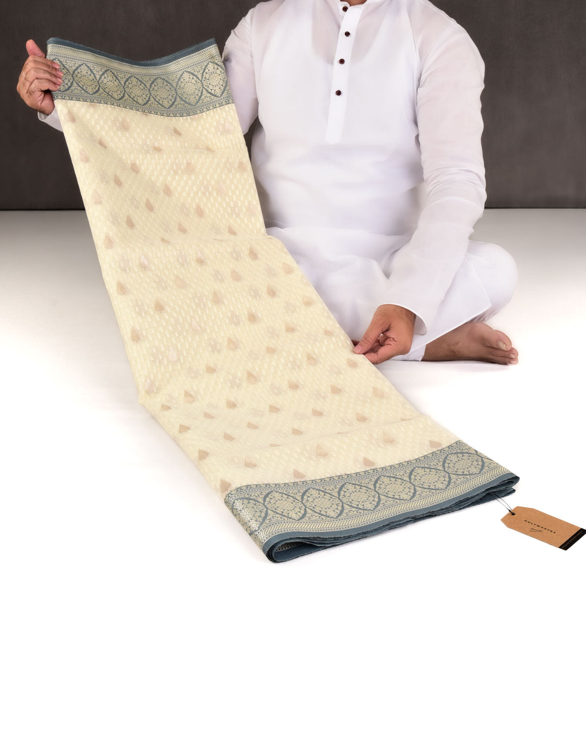 Cream Banarasi Gold Zari Buti & Resham Drops Cutwork Brocade Woven Art Kora Silk Saree with Contrast Grey Border Pallu-HolyWeaves