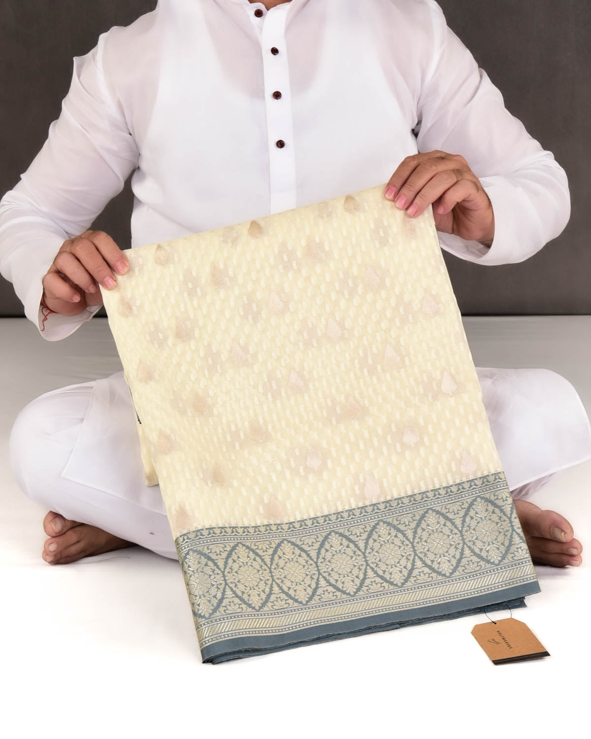 Cream Banarasi Gold Zari Buti & Resham Drops Cutwork Brocade Woven Art Kora Silk Saree with Contrast Grey Border Pallu-HolyWeaves