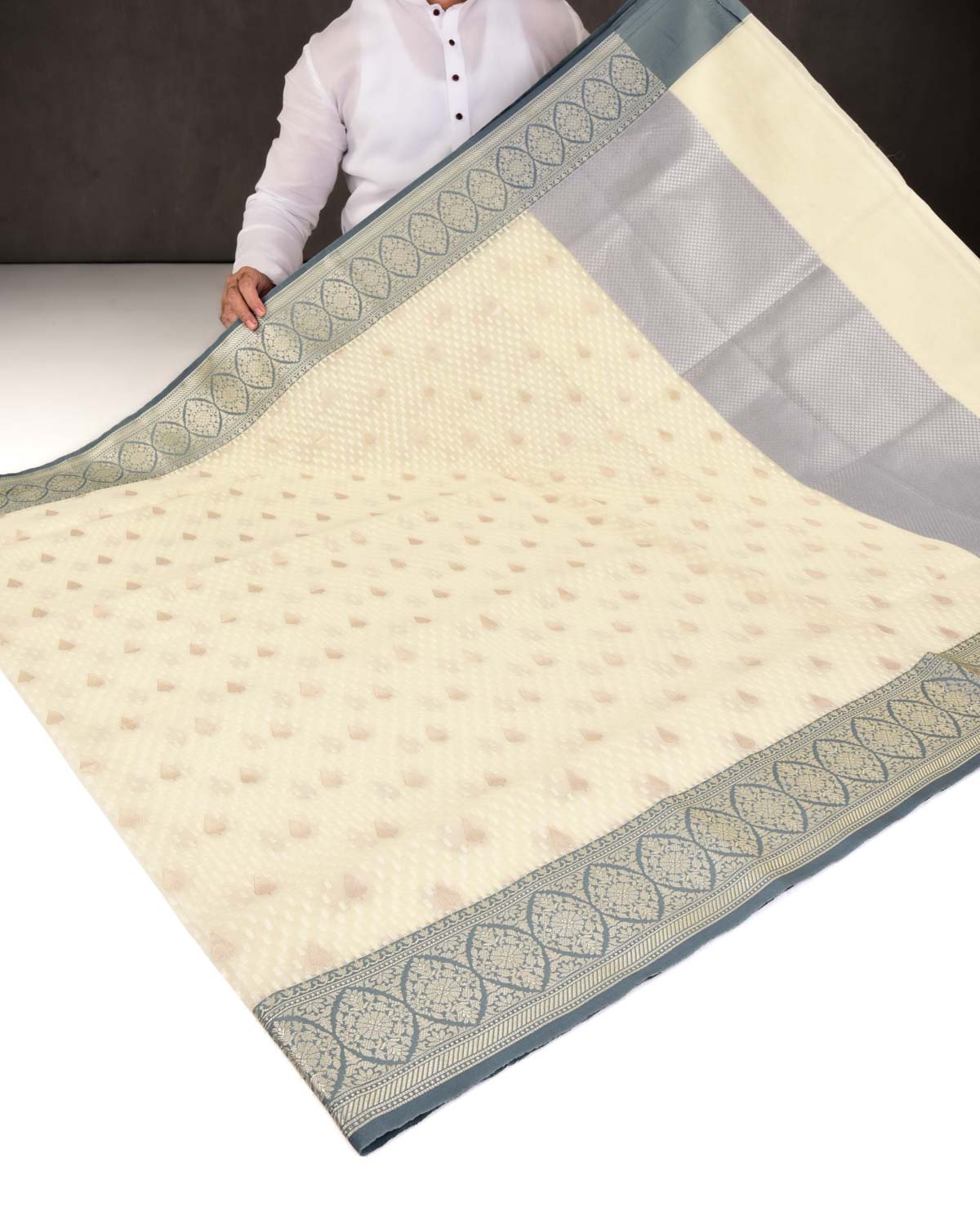 Cream Banarasi Gold Zari Buti & Resham Drops Cutwork Brocade Woven Art Kora Silk Saree with Contrast Grey Border Pallu-HolyWeaves