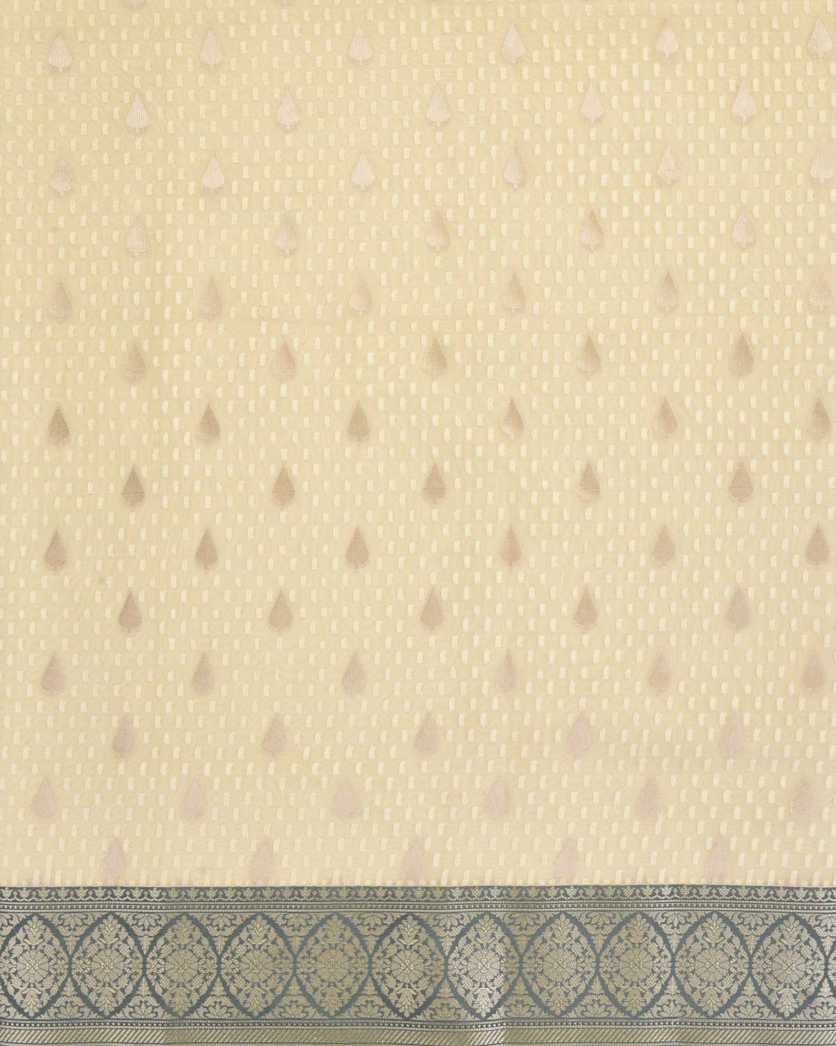 Cream Banarasi Gold Zari Buti & Resham Drops Cutwork Brocade Woven Art Kora Silk Saree with Contrast Grey Border Pallu-HolyWeaves