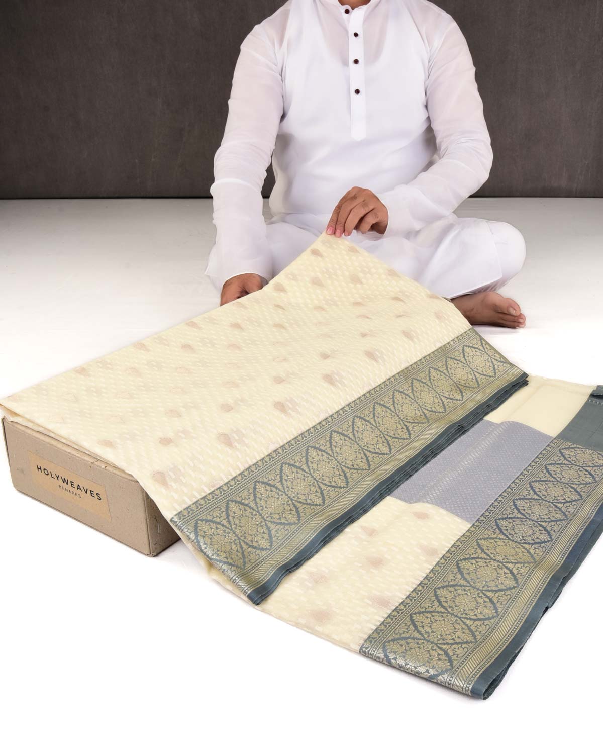 Cream Banarasi Gold Zari Buti & Resham Drops Cutwork Brocade Woven Art Kora Silk Saree with Contrast Grey Border Pallu-HolyWeaves