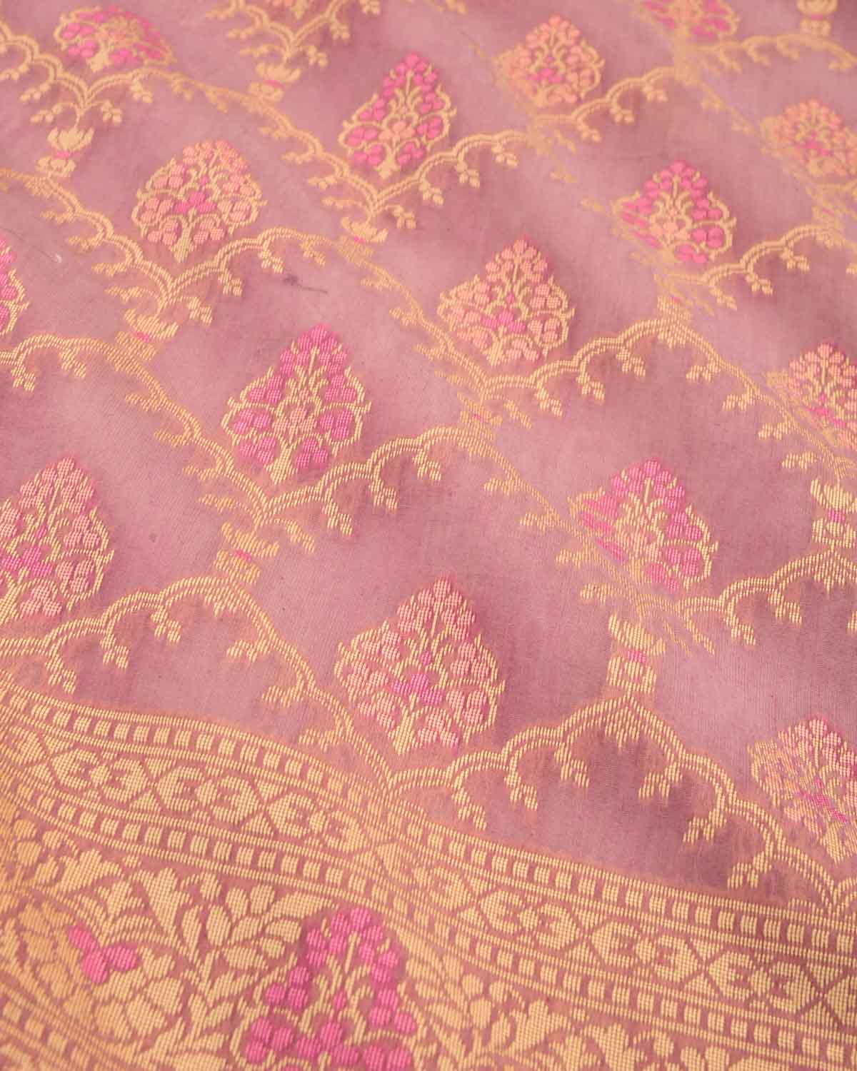 English Lavender Banarasi Alfi Resham Buta Jaal Cutwork Brocade Woven Art Cotton Silk Saree-HolyWeaves