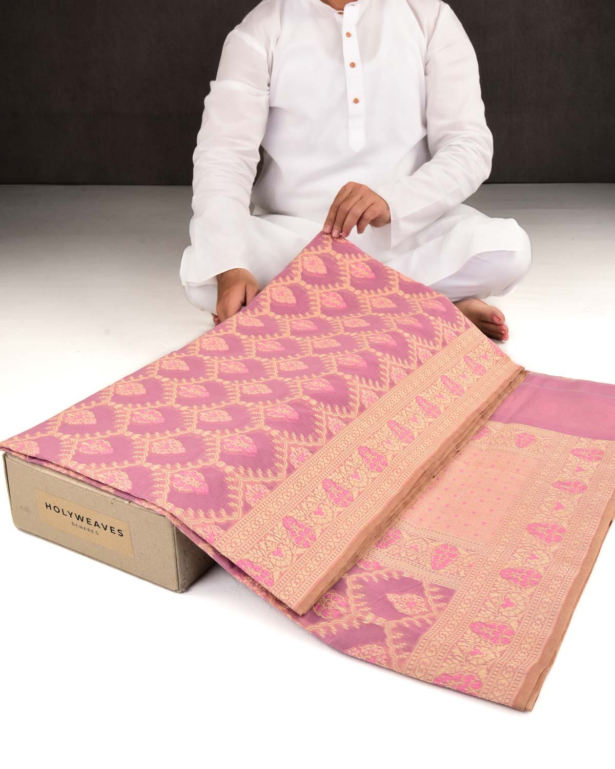 English Lavender Banarasi Alfi Resham Buta Jaal Cutwork Brocade Woven Art Cotton Silk Saree-HolyWeaves