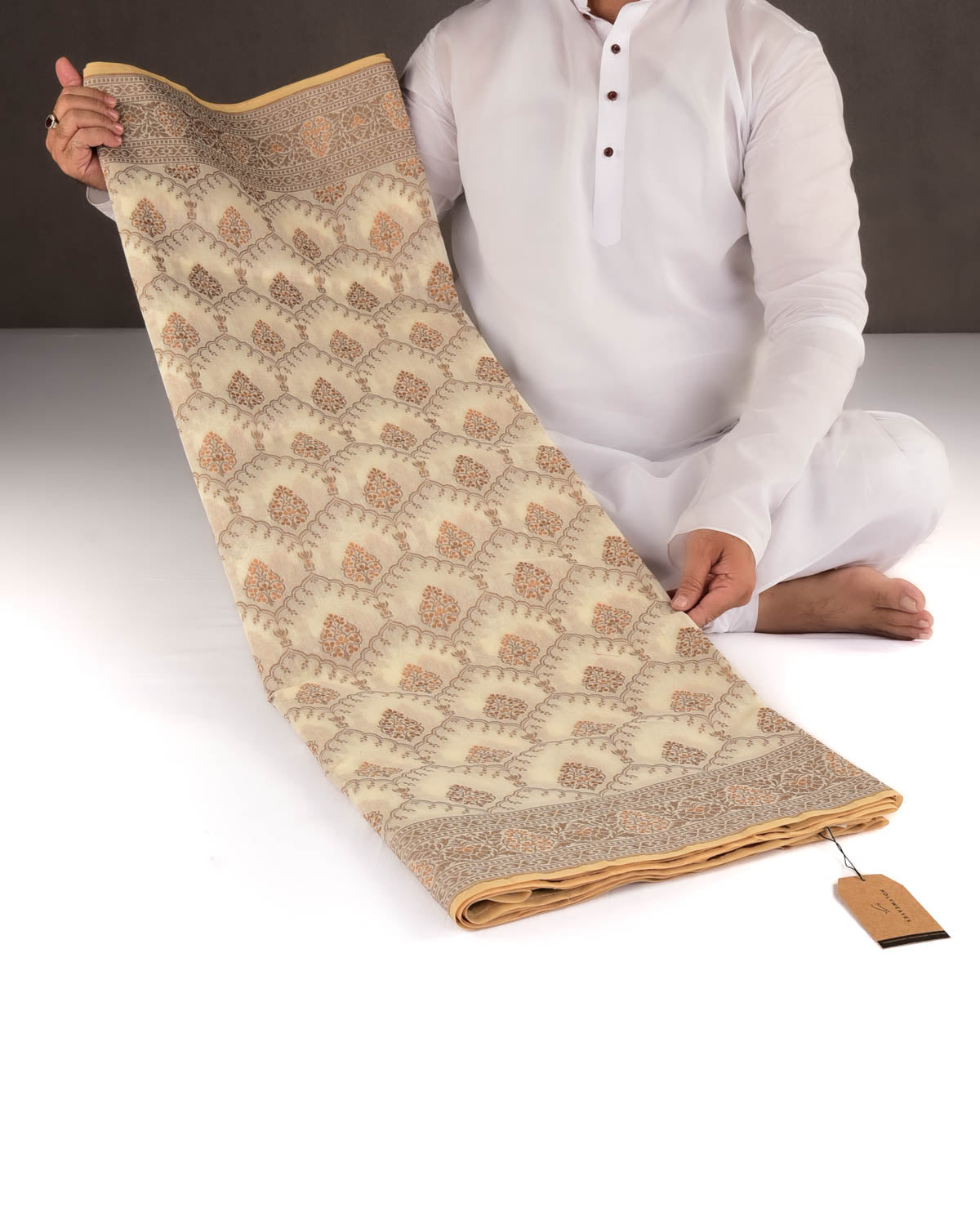 Cream Alfi Resham Buta Jaal Cutwork Brocade Woven Art Cotton Silk Banarasi Saree-HolyWeaves