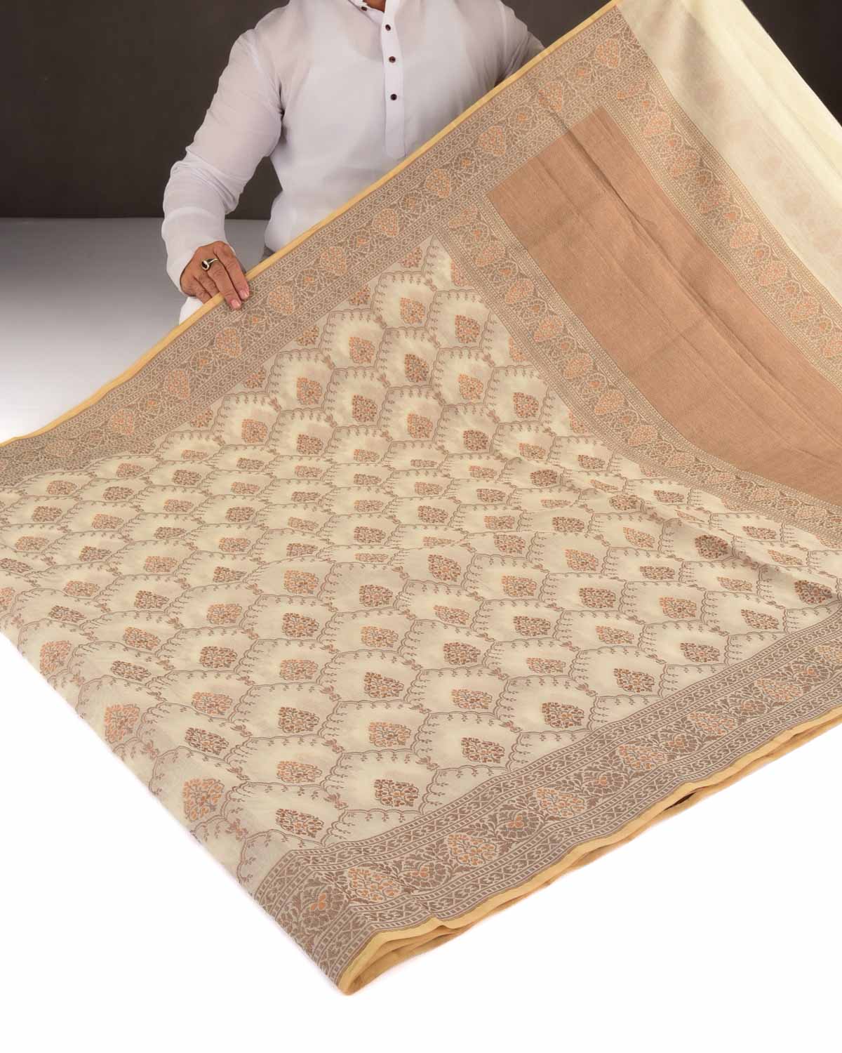 Cream Alfi Resham Buta Jaal Cutwork Brocade Woven Art Cotton Silk Banarasi Saree-HolyWeaves