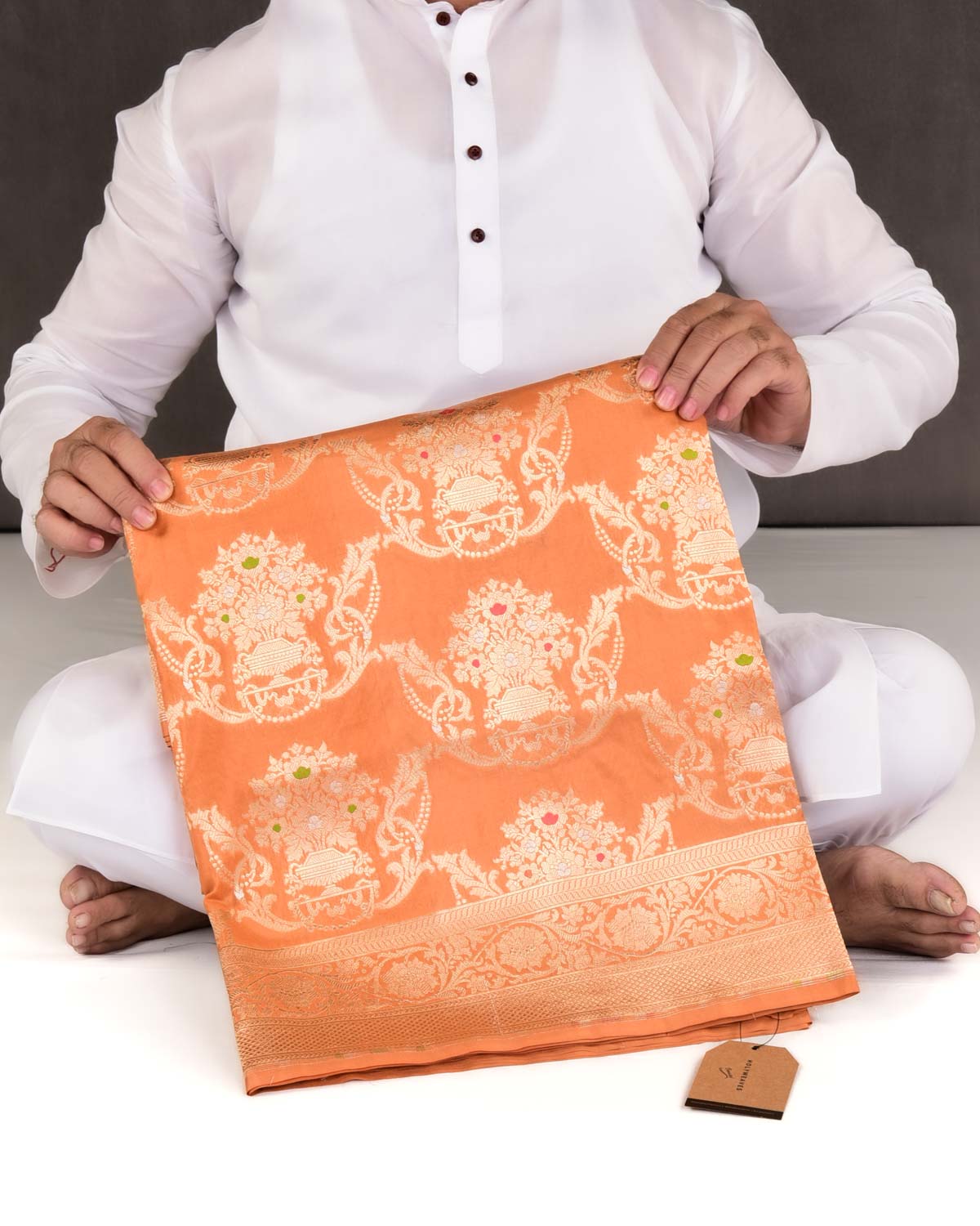 Ochre Brown Banarasi Gold Zari Cutwork Brocade Handwoven Katan Silk Saree-HolyWeaves
