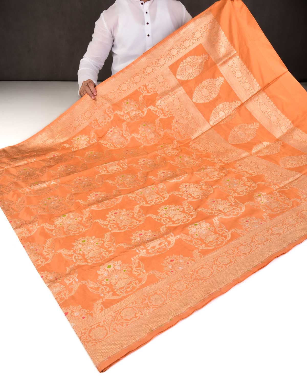 Ochre Brown Banarasi Gold Zari Cutwork Brocade Handwoven Katan Silk Saree-HolyWeaves