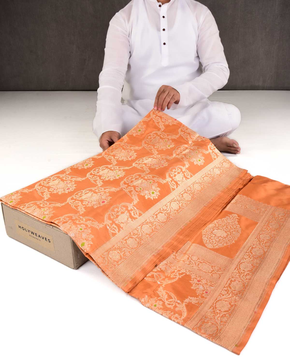 Ochre Brown Banarasi Gold Zari Cutwork Brocade Handwoven Katan Silk Saree-HolyWeaves