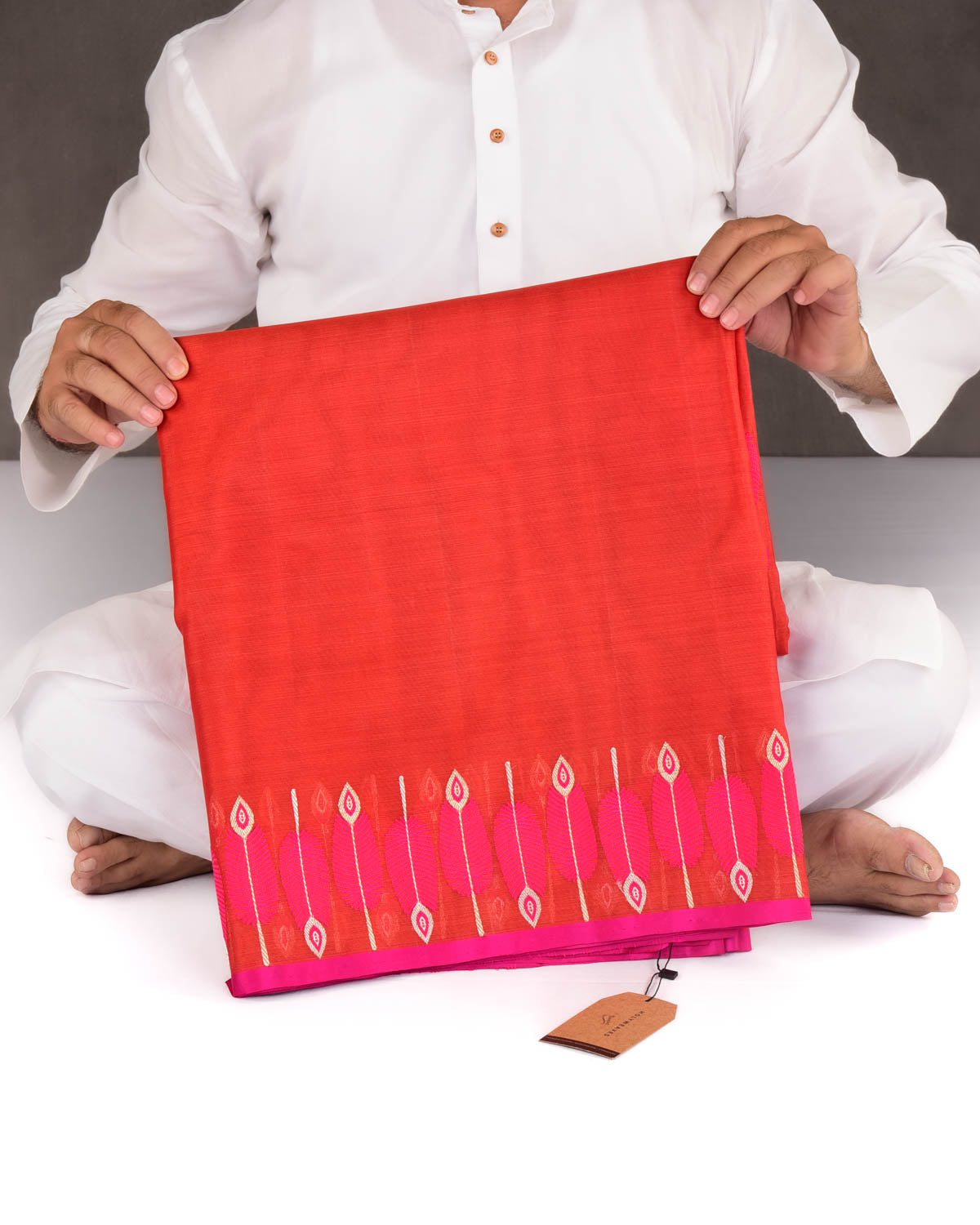 Red Banarasi Fuchsia Pink Feather Border Kadhuan Brocade Handwoven Kora Silk Saree-HolyWeaves