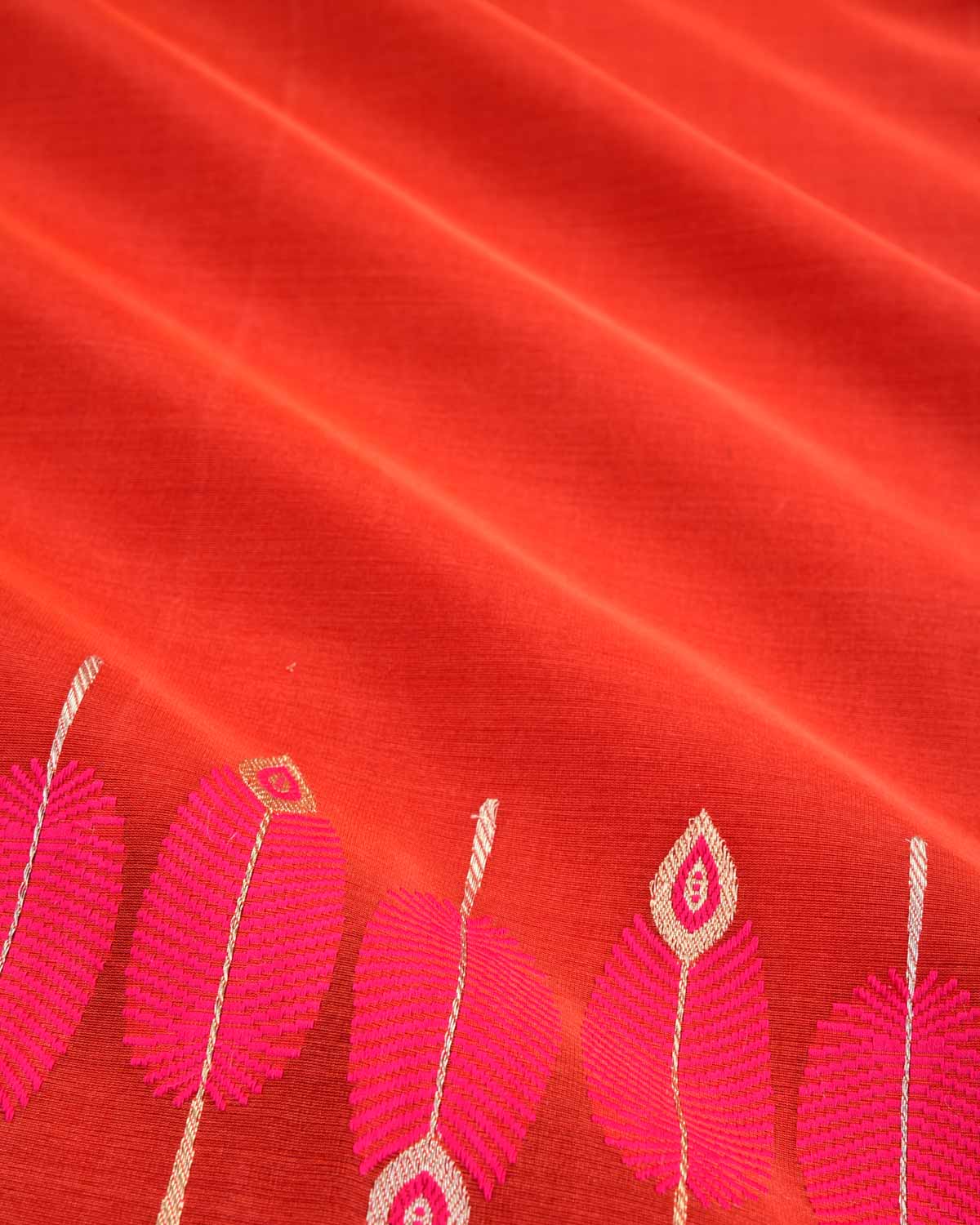 Red Banarasi Fuchsia Pink Feather Border Kadhuan Brocade Handwoven Kora Silk Saree-HolyWeaves