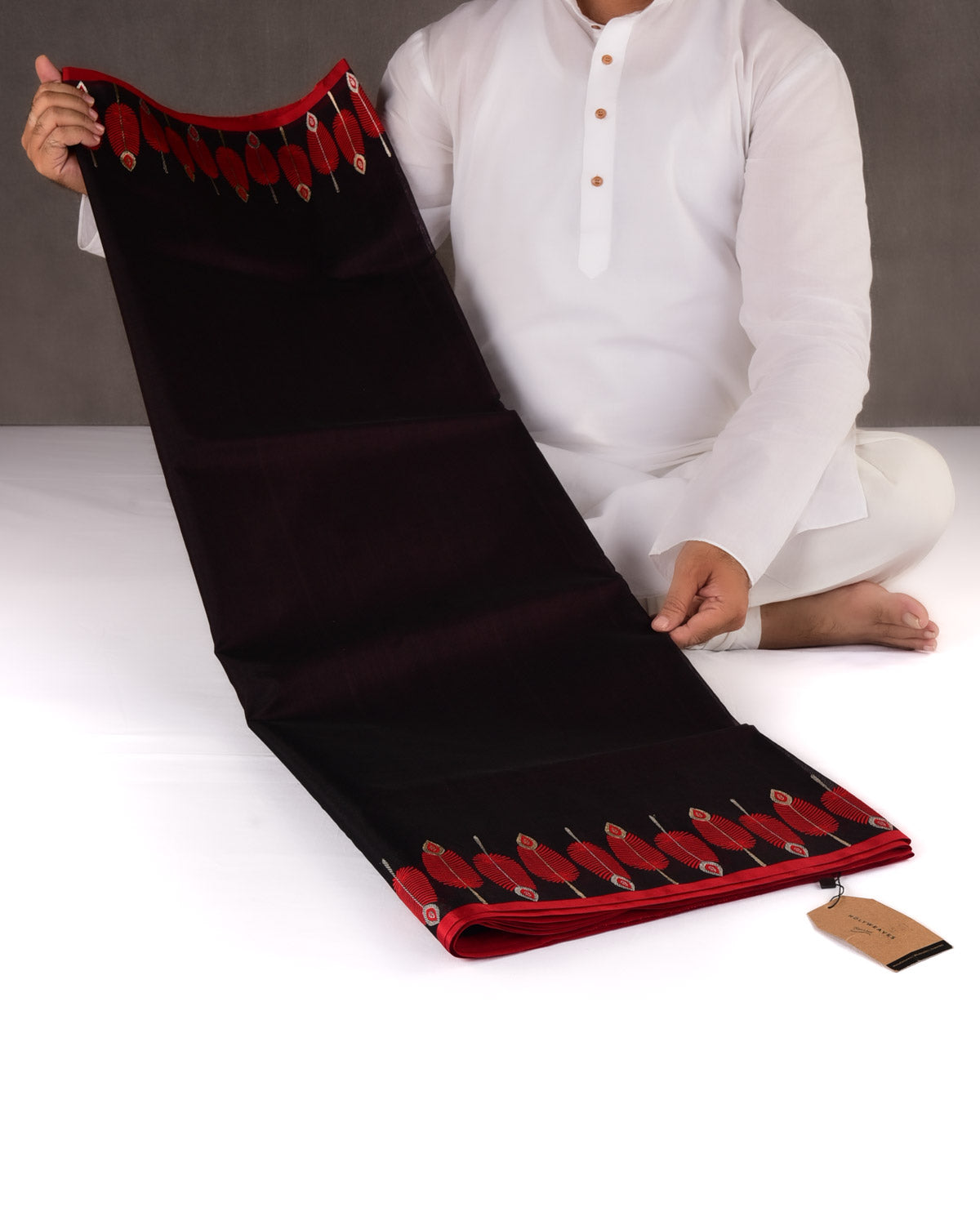 Shot Mahogany Banarasi Red Feather Border Kadhuan Brocade Handwoven Kora Silk Saree-HolyWeaves