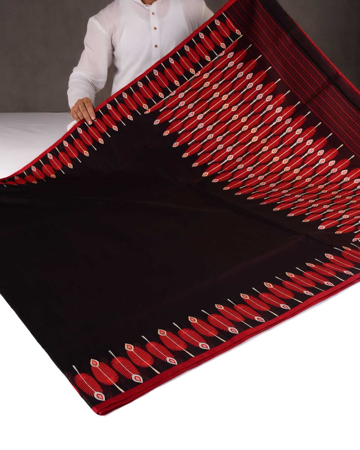 Shot Mahogany Banarasi Red Feather Border Kadhuan Brocade Handwoven Kora Silk Saree-HolyWeaves