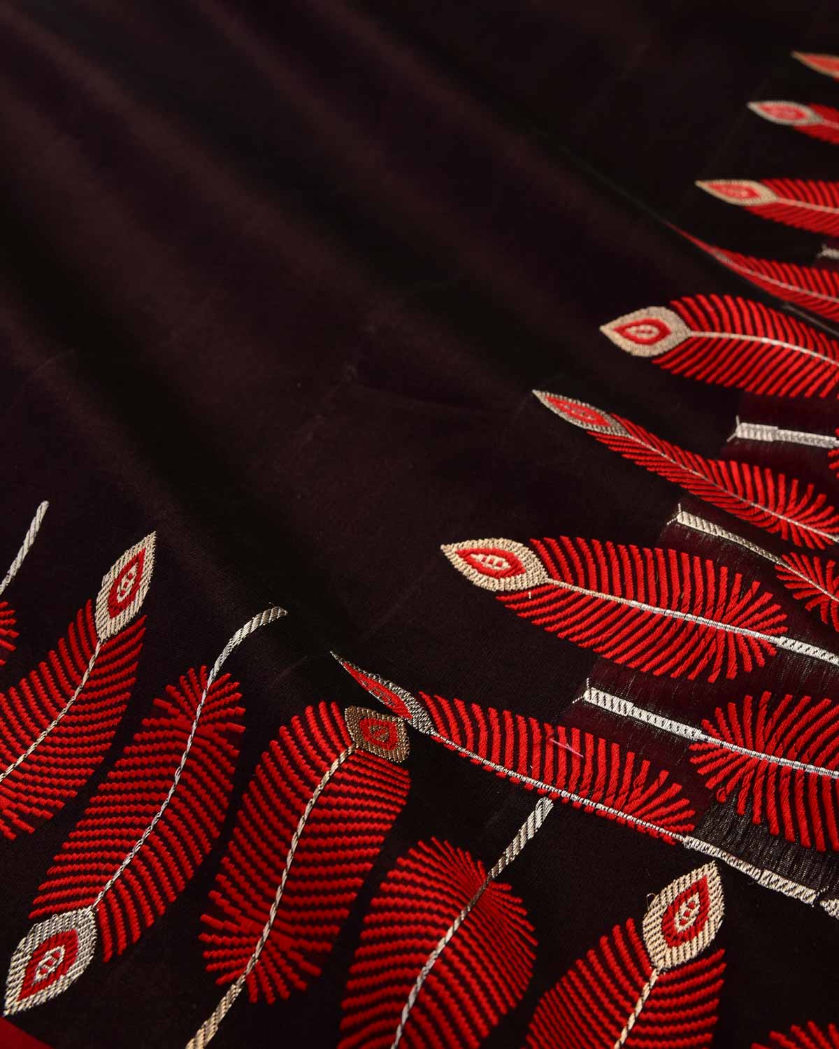 Shot Mahogany Banarasi Red Feather Border Kadhuan Brocade Handwoven Kora Silk Saree-HolyWeaves