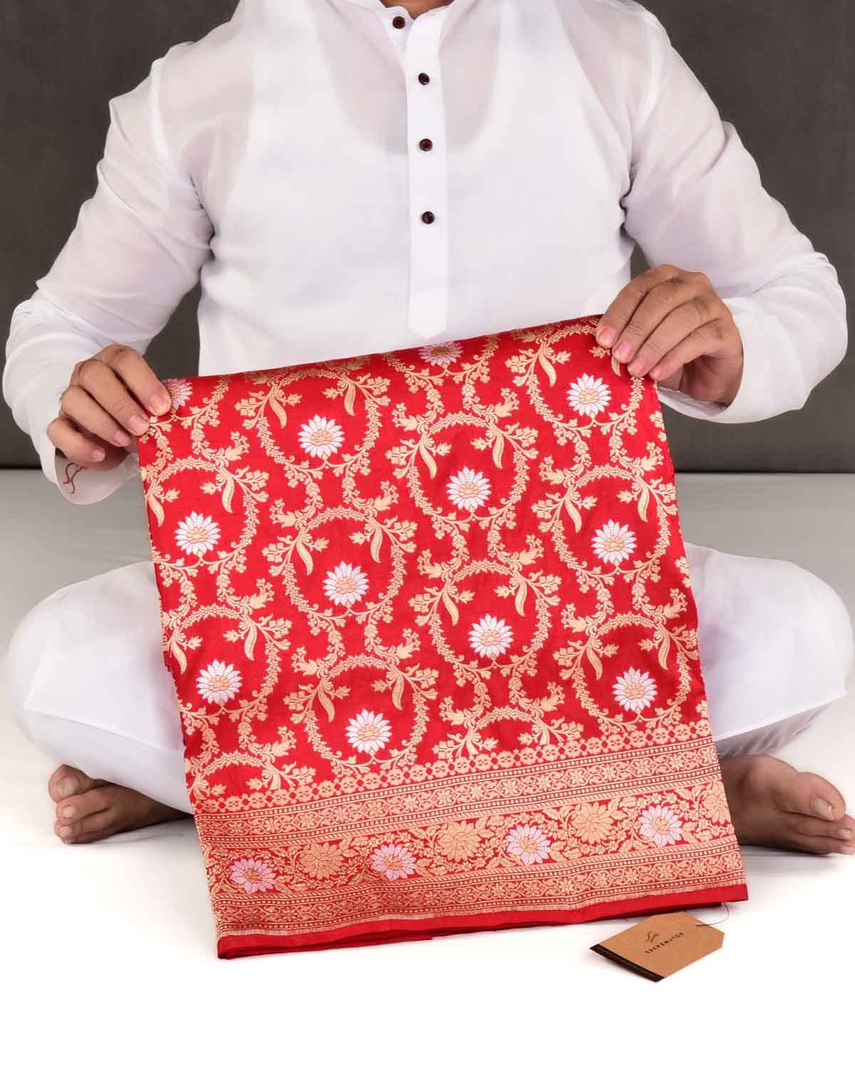 Bridal Red Banarasi Sona Rupa Zari Floral Jaal Cutwork Brocade Handwoven Katan Silk Saree-HolyWeaves