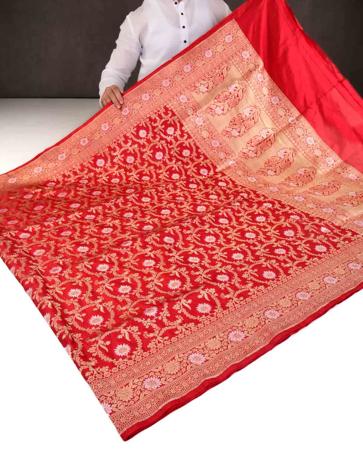 Bridal Red Banarasi Sona Rupa Zari Floral Jaal Cutwork Brocade Handwoven Katan Silk Saree-HolyWeaves