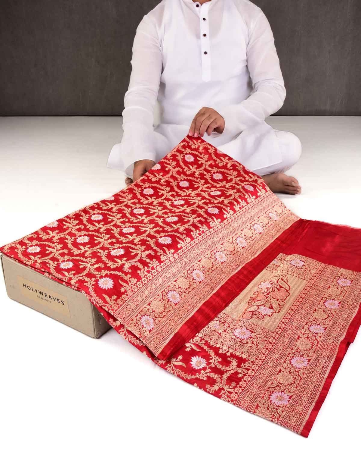 Bridal Red Banarasi Sona Rupa Zari Floral Jaal Cutwork Brocade Handwoven Katan Silk Saree-HolyWeaves