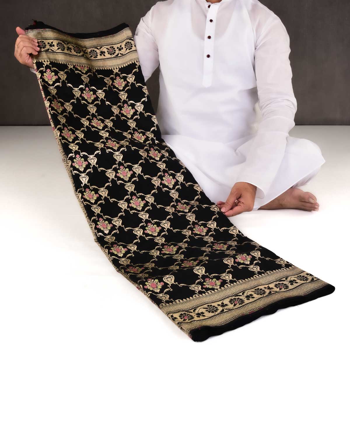 Black Banarasi Gold Zari & Meenekaari Jangla Cutwork Brocade Handwoven Katan Silk Saree-HolyWeaves