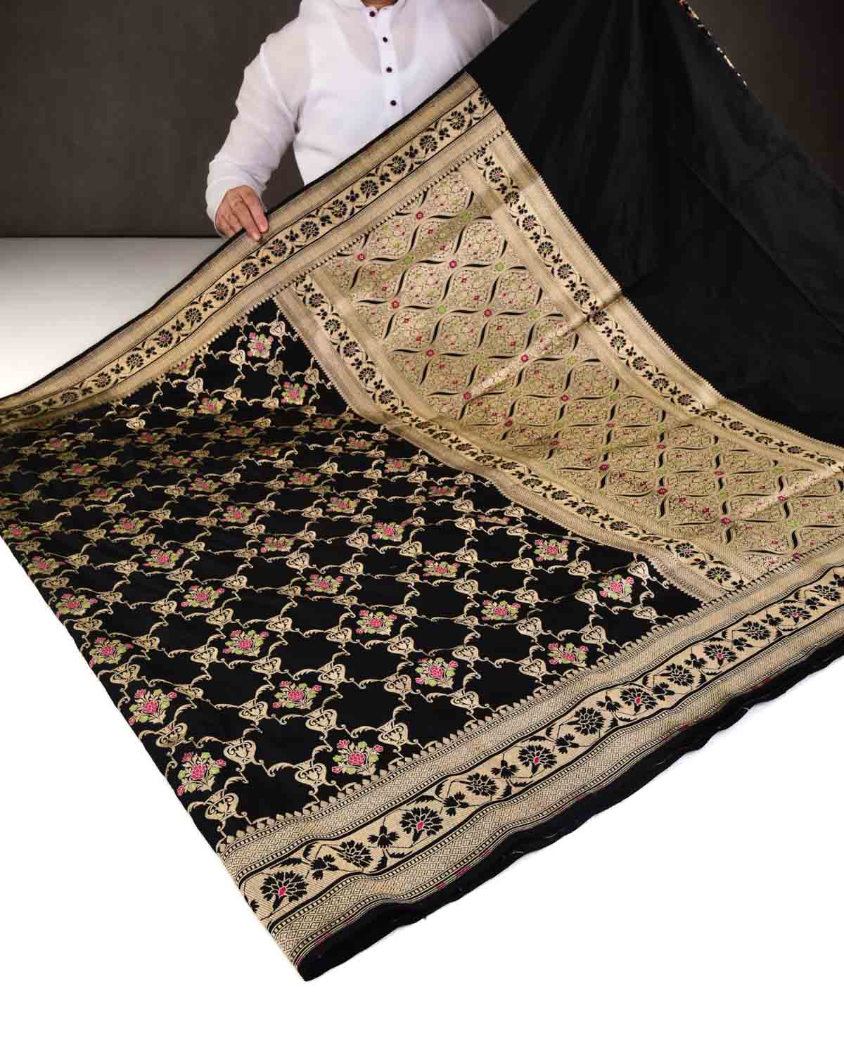 Black Banarasi Gold Zari & Meenekaari Jangla Cutwork Brocade Handwoven Katan Silk Saree-HolyWeaves