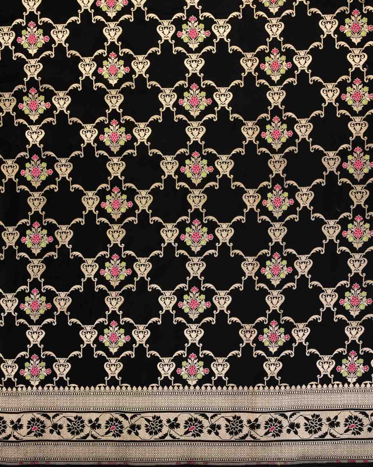 Black Banarasi Gold Zari & Meenekaari Jangla Cutwork Brocade Handwoven Katan Silk Saree-HolyWeaves