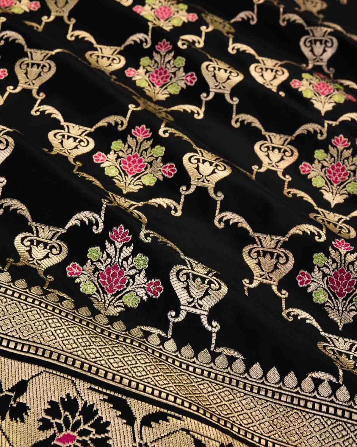 Black Banarasi Gold Zari & Meenekaari Jangla Cutwork Brocade Handwoven Katan Silk Saree-HolyWeaves