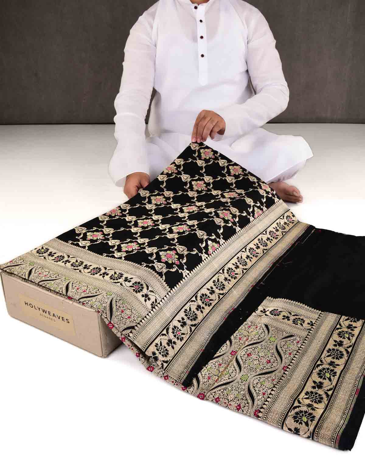 Black Banarasi Gold Zari & Meenekaari Jangla Cutwork Brocade Handwoven Katan Silk Saree-HolyWeaves