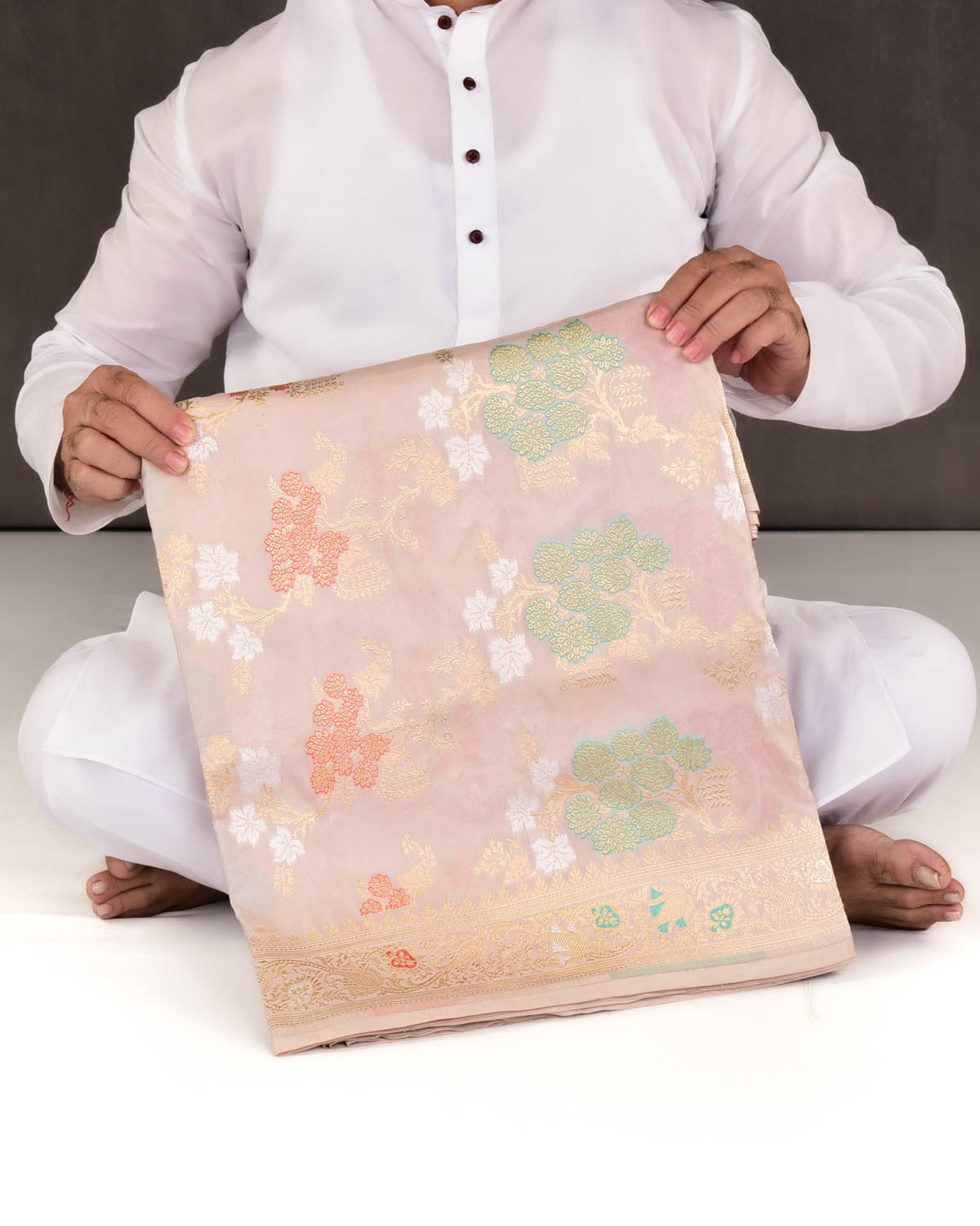 Peach Banarasi Gold Zari & Meenekaari Jangla Cutwork Brocade Handwoven Katan Silk Saree-HolyWeaves