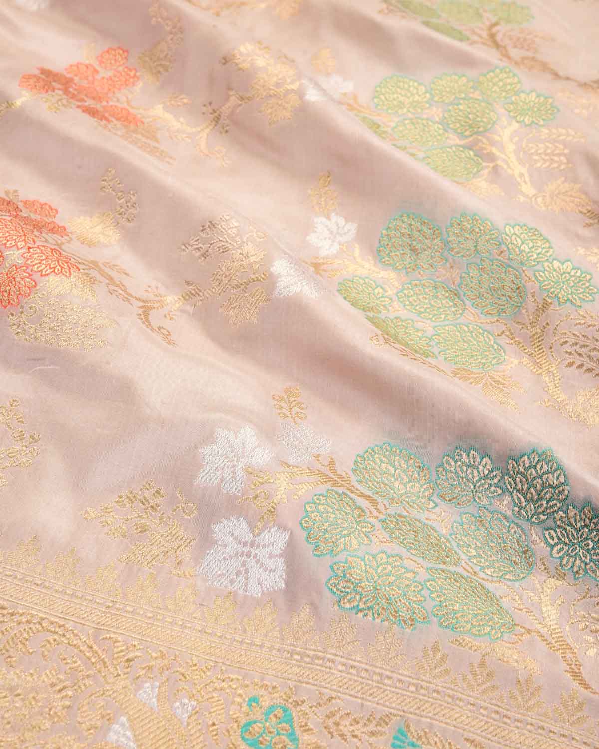 Peach Banarasi Gold Zari & Meenekaari Jangla Cutwork Brocade Handwoven Katan Silk Saree-HolyWeaves