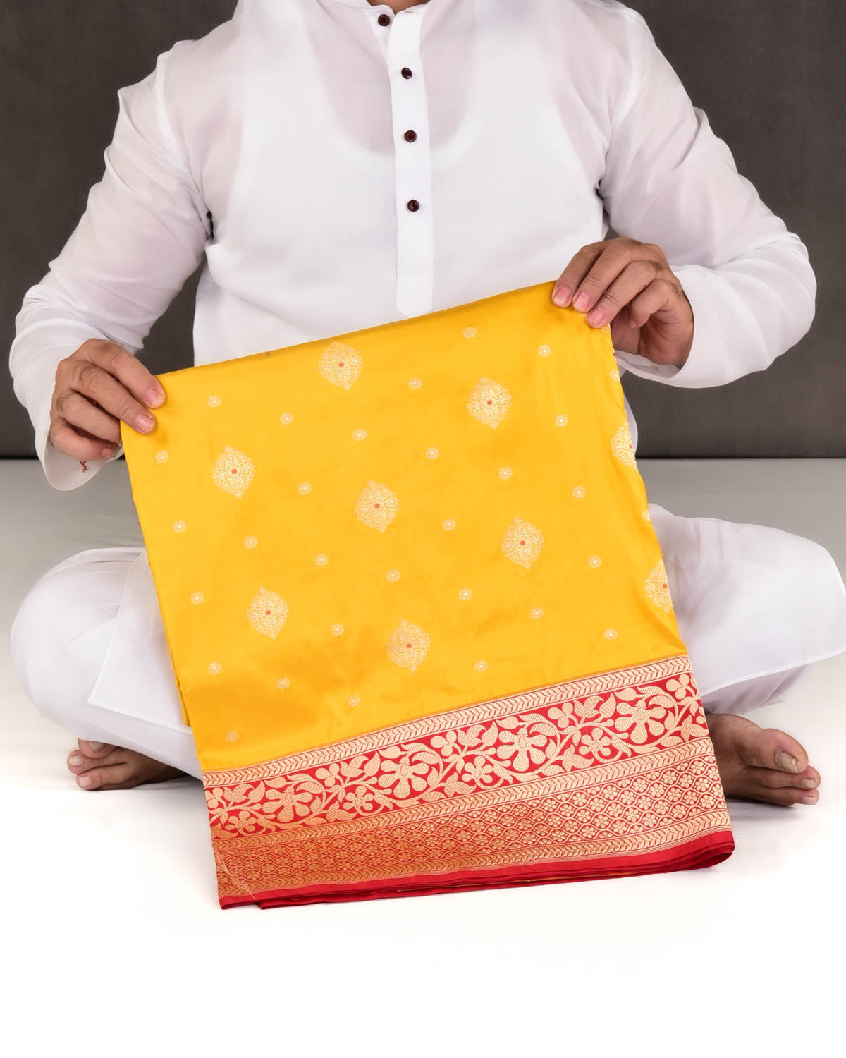 Marigold Yellow Banarasi Rangkaat Pallu Cutwork Brocade Handwoven Katan Silk Saree-HolyWeaves