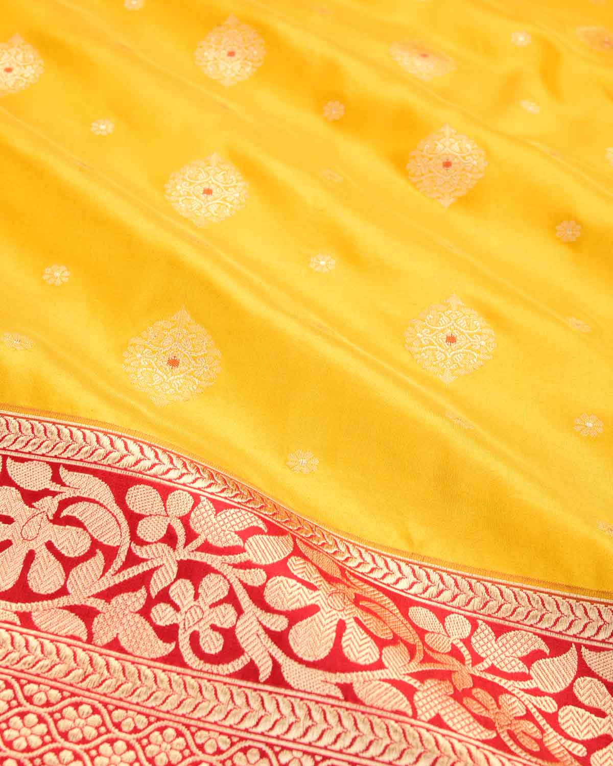 Marigold Yellow Banarasi Rangkaat Pallu Cutwork Brocade Handwoven Katan Silk Saree-HolyWeaves