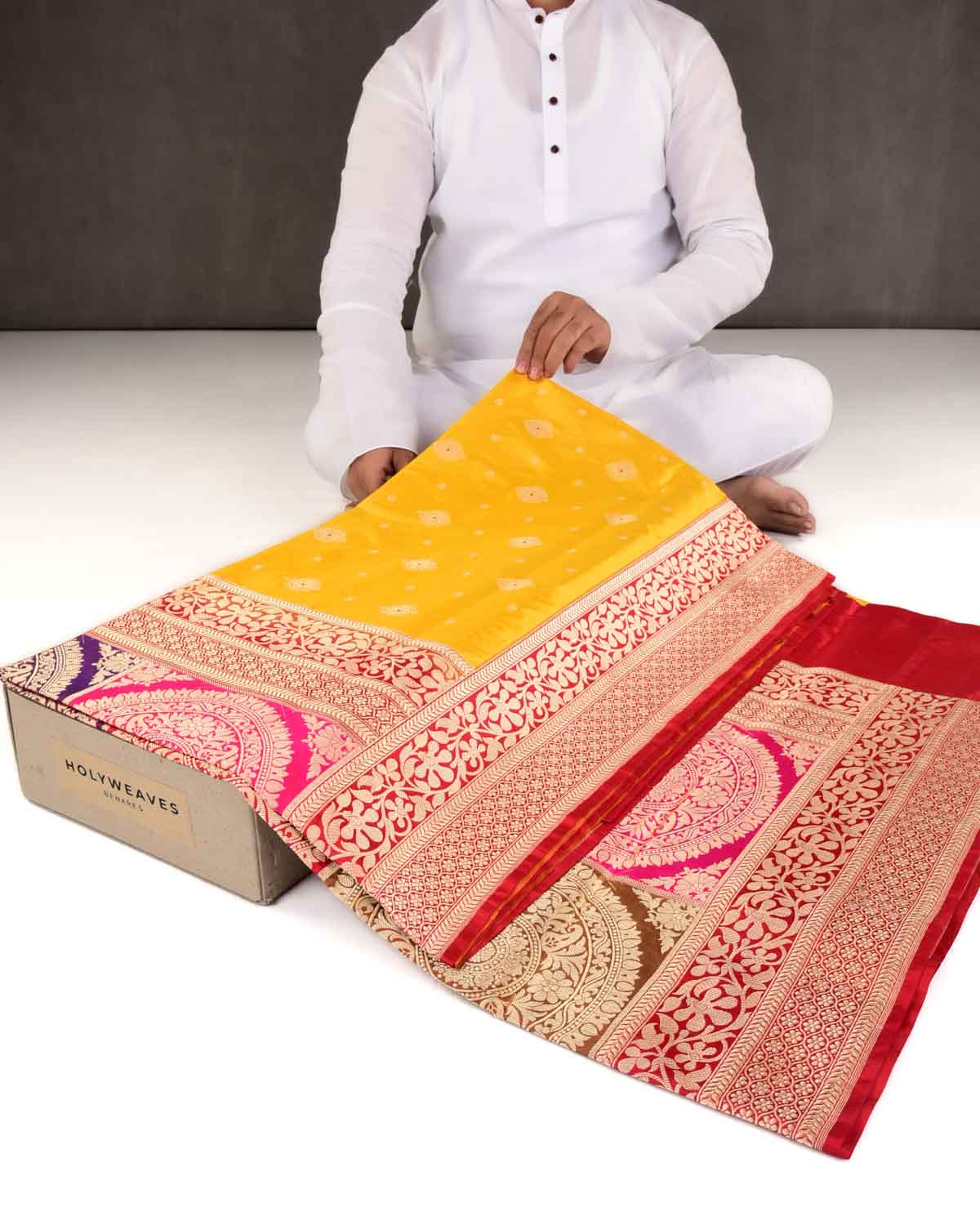 Marigold Yellow Banarasi Rangkaat Pallu Cutwork Brocade Handwoven Katan Silk Saree-HolyWeaves