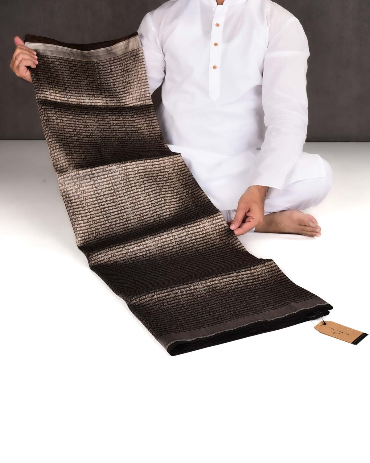 Metallic Brown Banarasi Silver Zari Geeta Shlok 2.47 Brocade Handwoven Katan Tissue Saree-HolyWeaves