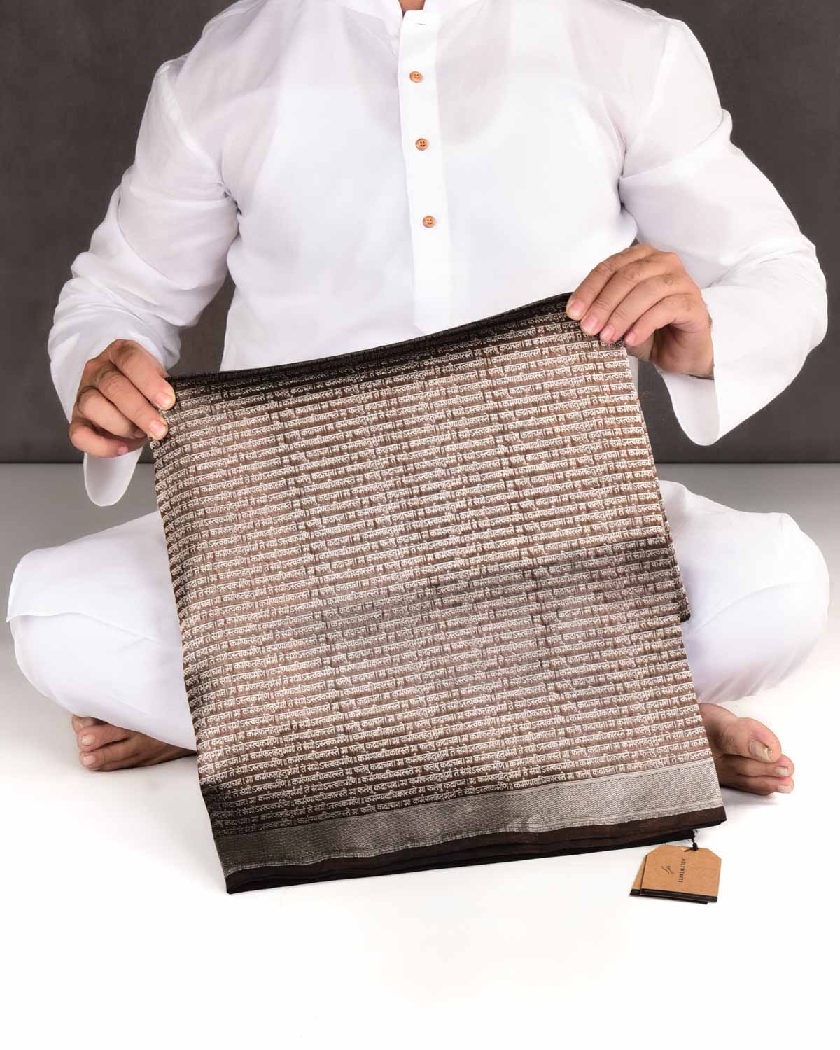 Metallic Brown Banarasi Silver Zari Geeta Shlok 2.47 Brocade Handwoven Katan Tissue Saree-HolyWeaves