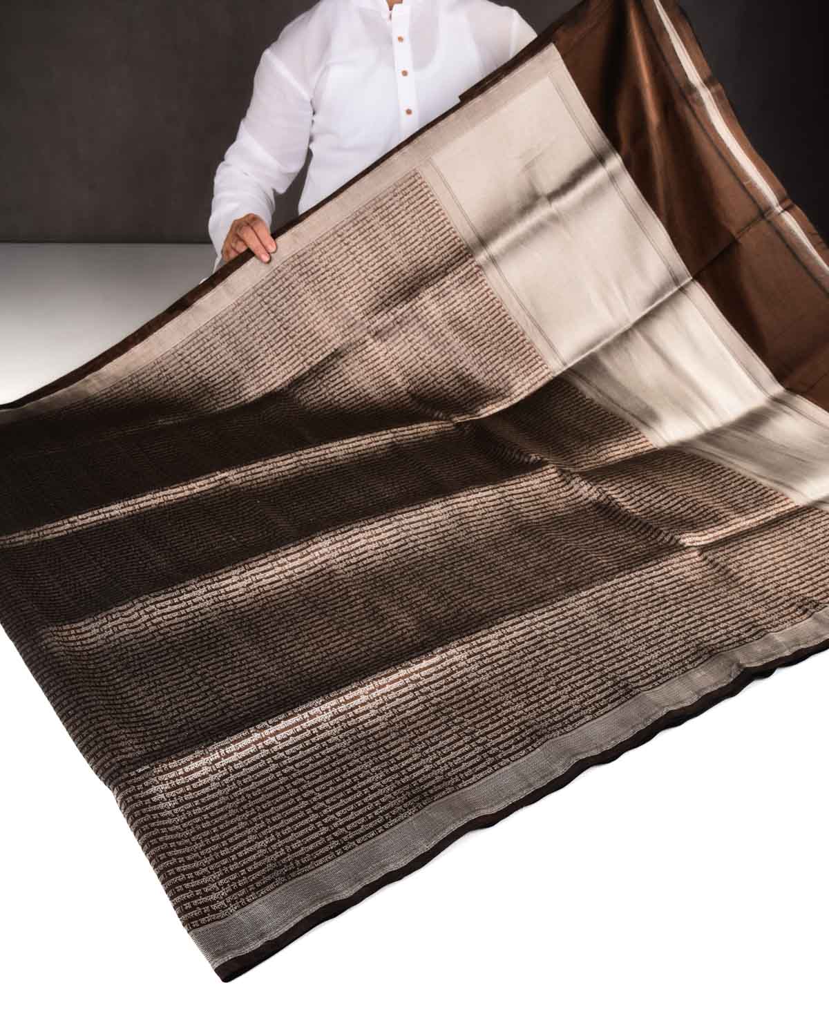 Metallic Brown Banarasi Silver Zari Geeta Shlok 2.47 Brocade Handwoven Katan Tissue Saree-HolyWeaves