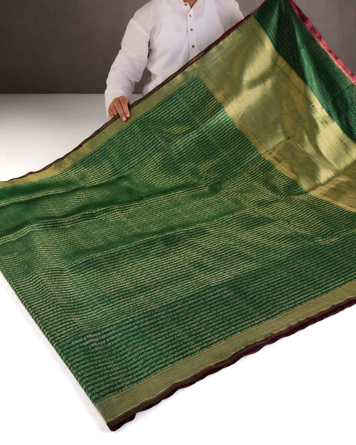 Sacramento Green Gold Zari Geeta Shlok 2.47 Brocade Handwoven Katan Silk Banarasi Saree-HolyWeaves