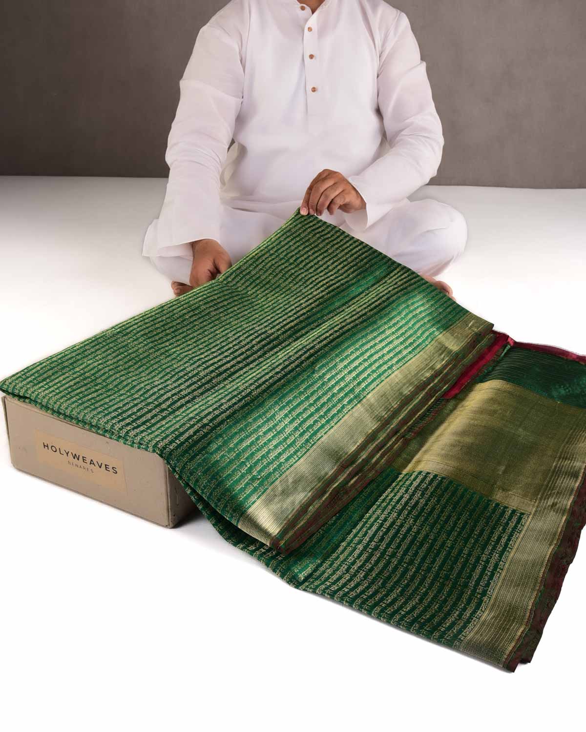 Sacramento Green Gold Zari Geeta Shlok 2.47 Brocade Handwoven Katan Silk Banarasi Saree-HolyWeaves