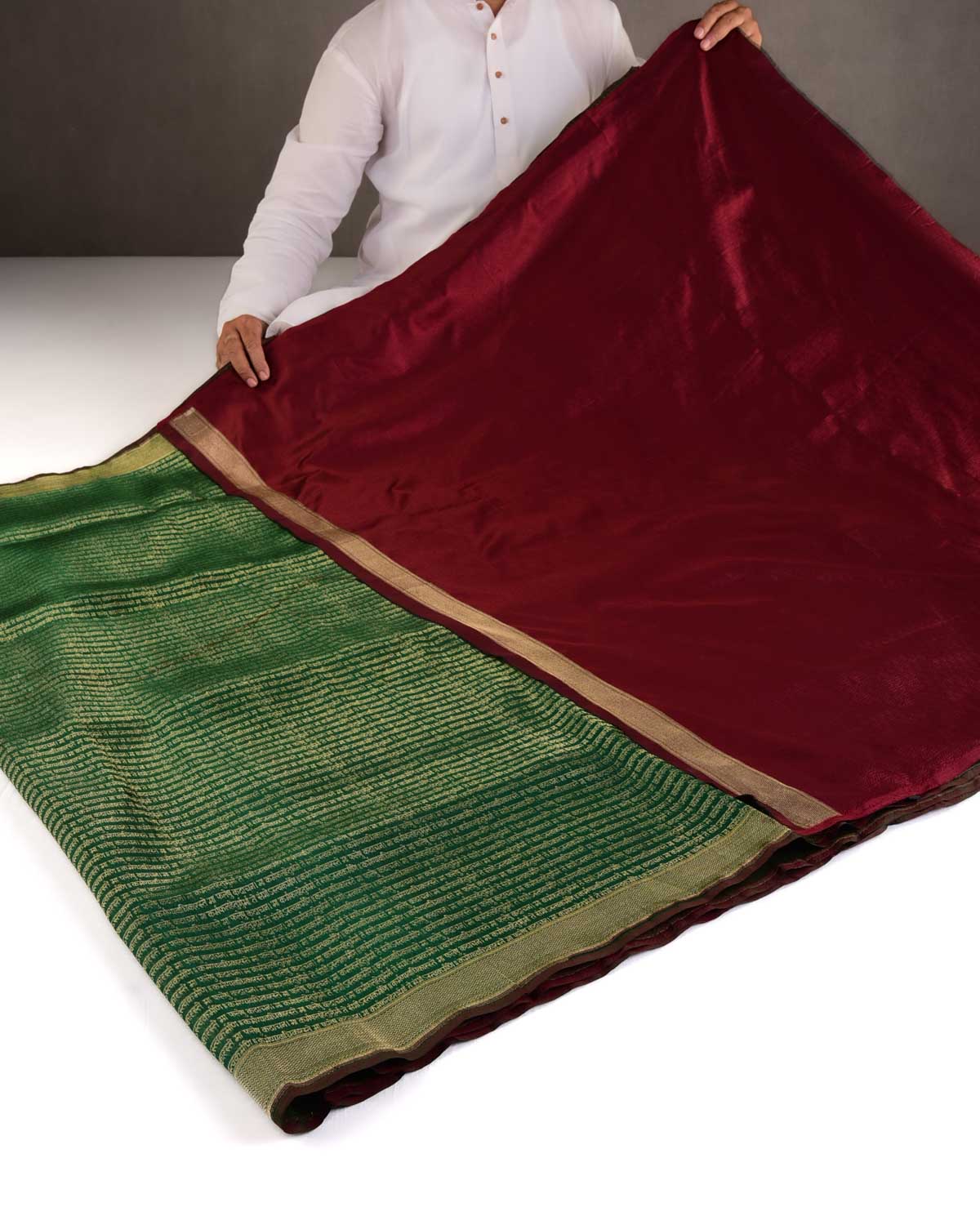 Sacramento Green Gold Zari Geeta Shlok 2.47 Brocade Handwoven Katan Silk Banarasi Saree-HolyWeaves