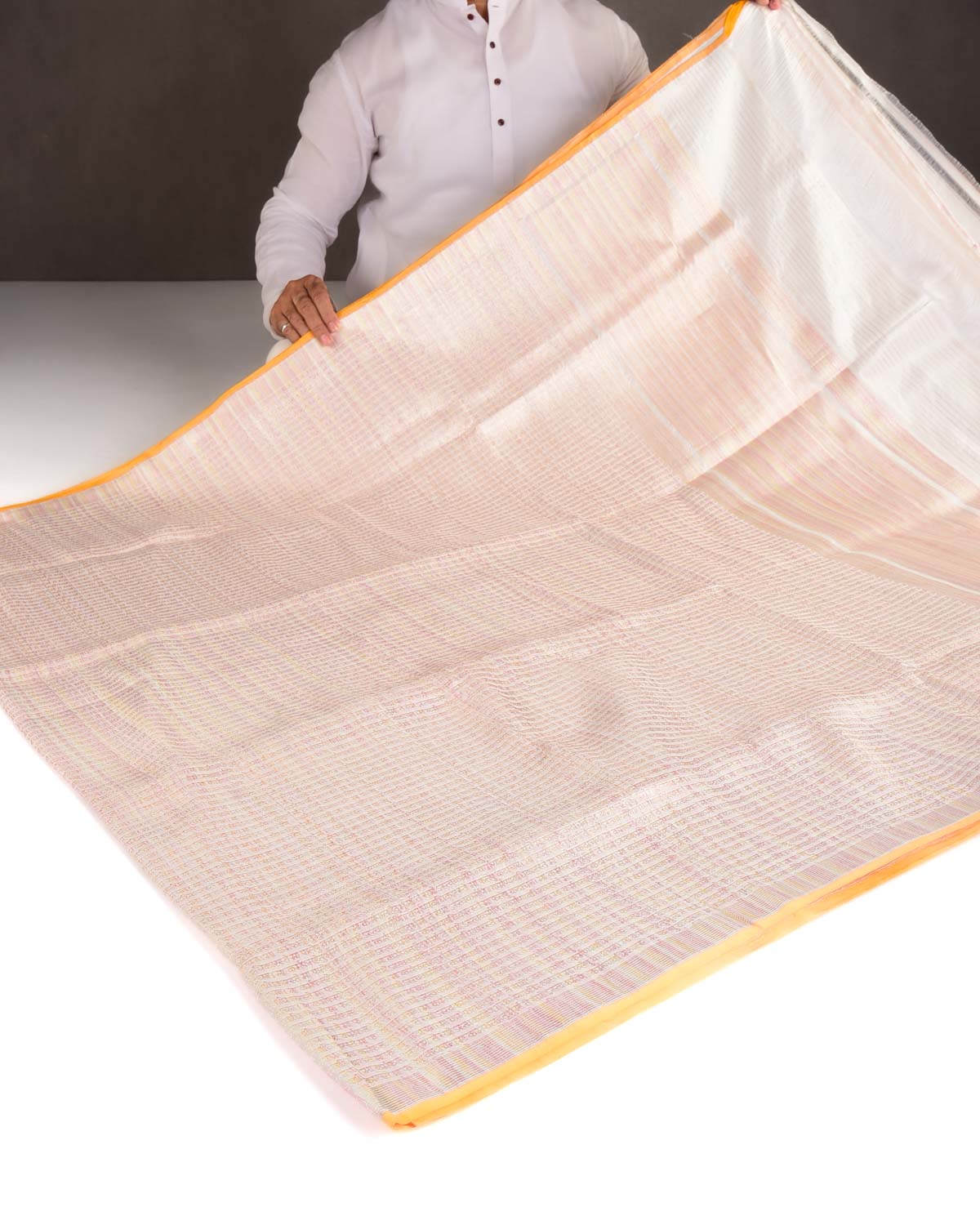 Ivory White Multi-Color Zari Geeta Shlok 2.47 Brocade Handwoven Katan Silk Banarasi Saree with Yellow Selvage-HolyWeaves