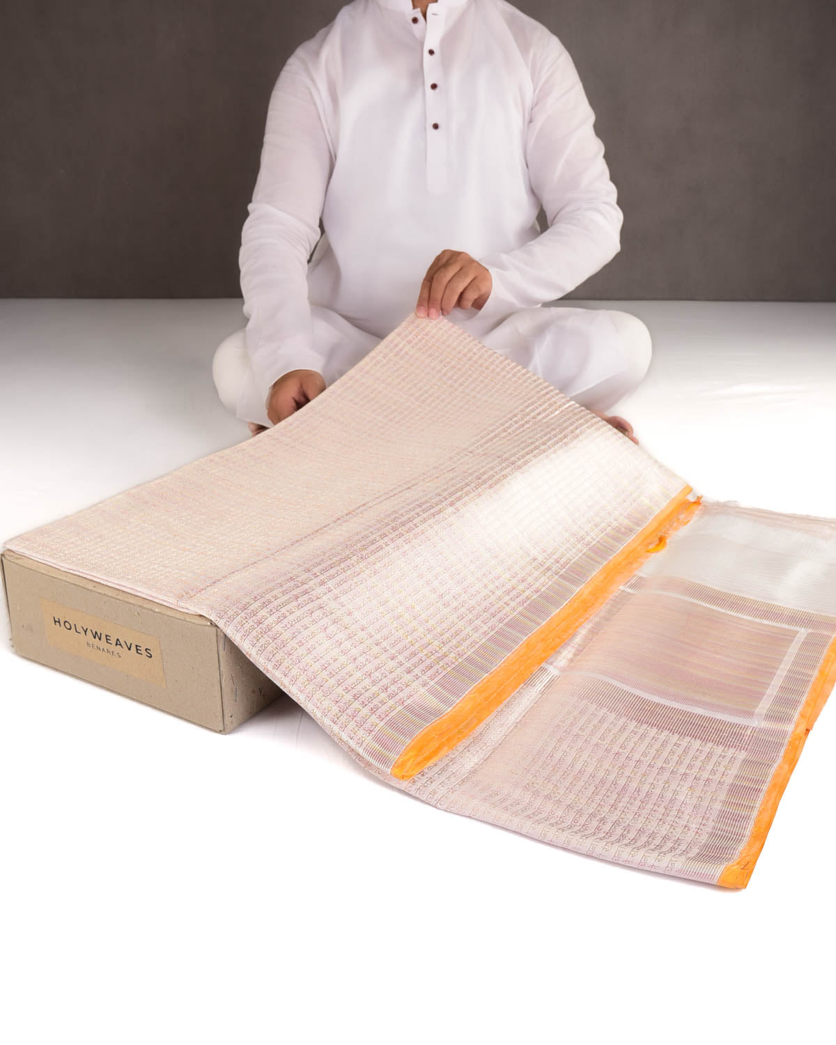 Ivory White Multi-Color Zari Geeta Shlok 2.47 Brocade Handwoven Katan Silk Banarasi Saree with Yellow Selvage-HolyWeaves