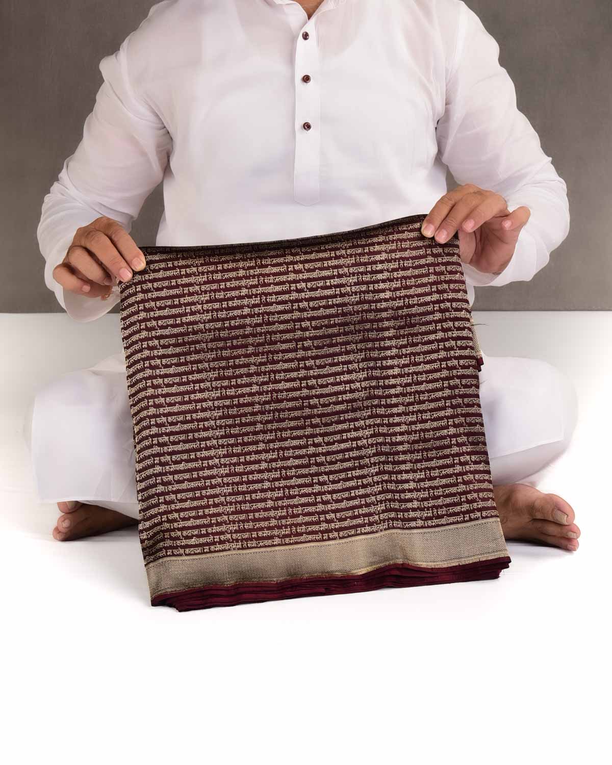 Deep Maroon Gold Zari Geeta Shlok 2.47 Brocade Handwoven Katan Silk Banarasi Saree-HolyWeaves