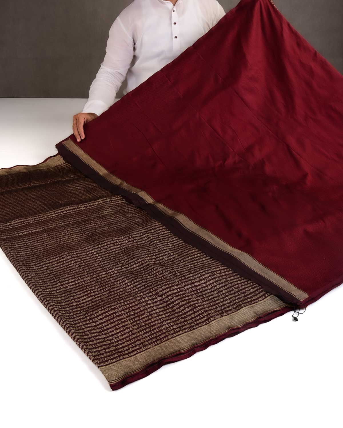 Deep Maroon Gold Zari Geeta Shlok 2.47 Brocade Handwoven Katan Silk Banarasi Saree-HolyWeaves
