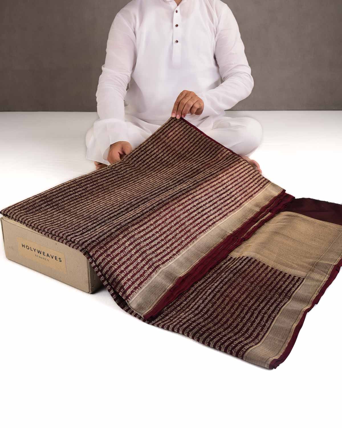 Deep Maroon Gold Zari Geeta Shlok 2.47 Brocade Handwoven Katan Silk Banarasi Saree-HolyWeaves