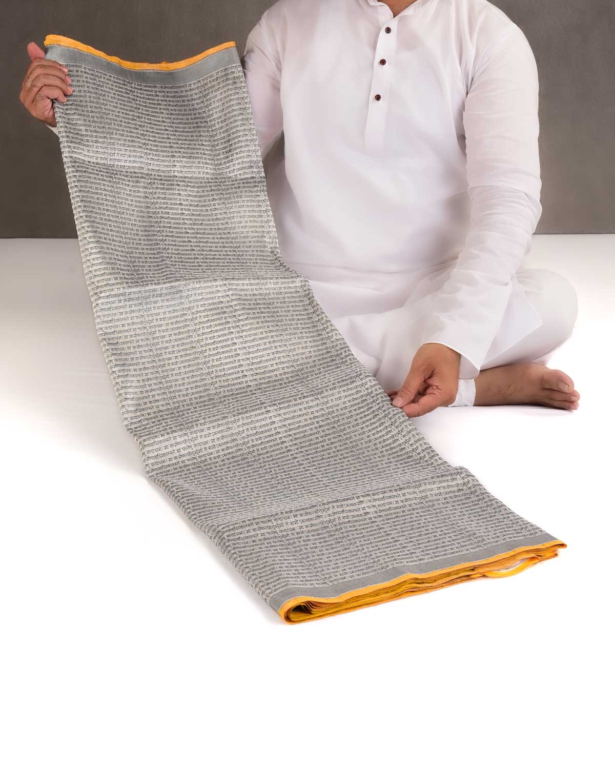 Metallic Silver Zari Geeta Shlok 2.47 Brocade Handwoven Katan Silk Banarasi Saree-HolyWeaves