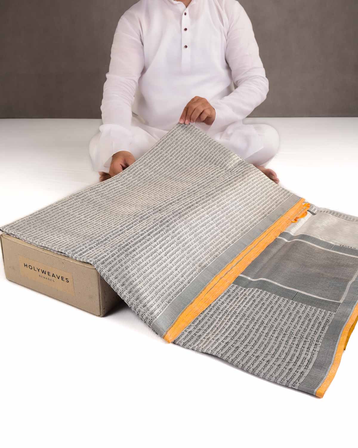 Metallic Silver Zari Geeta Shlok 2.47 Brocade Handwoven Katan Silk Banarasi Saree-HolyWeaves