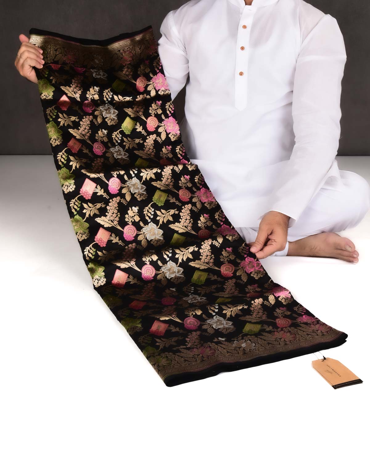 Black Banarasi Gold & Silver Zari with Meenekari Floral Jaal Cutwork Brocade Handwoven Katan Silk Saree-HolyWeaves