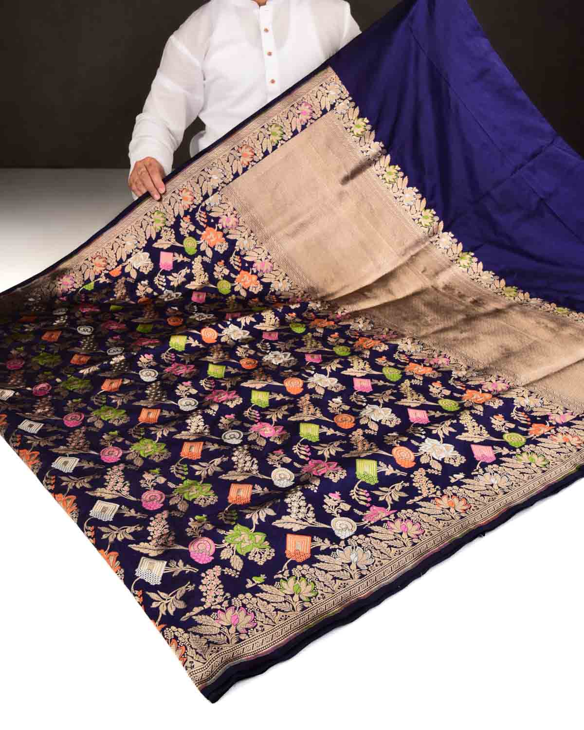 Indigo Banarasi Gold Zari and Meenekari Jaal Cutwork Brocade Handwoven Katan Silk Saree-HolyWeaves