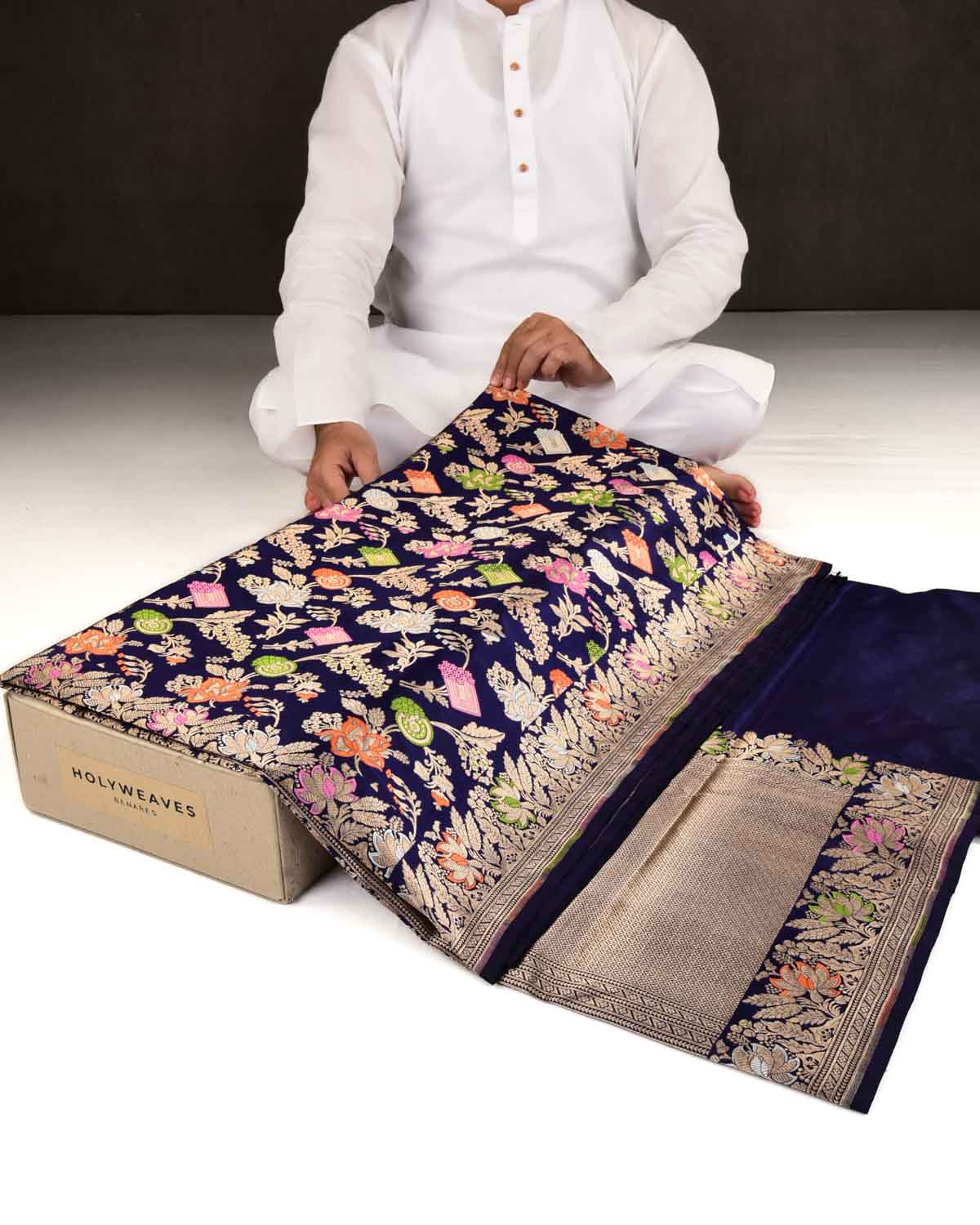 Indigo Banarasi Gold Zari and Meenekari Jaal Cutwork Brocade Handwoven Katan Silk Saree-HolyWeaves