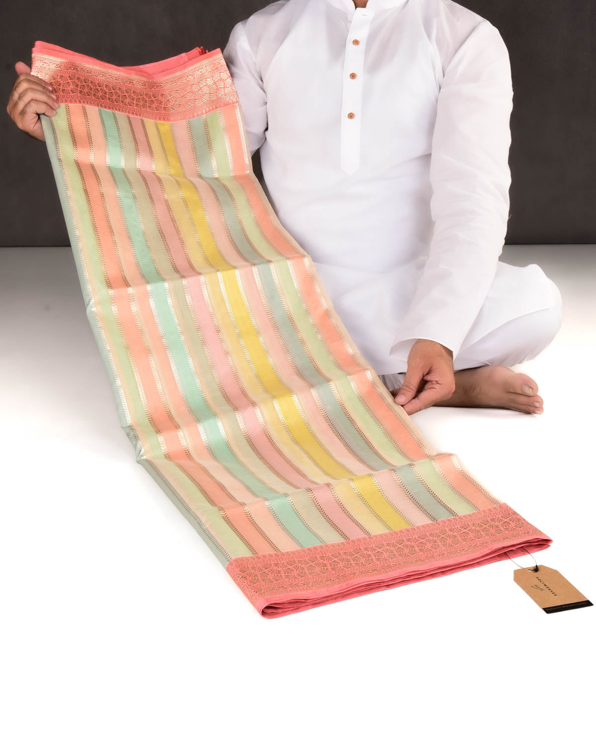 Multi-color Banarasi Candy Stripes Kadhuan Brocade Handwoven Kora Silk Saree-HolyWeaves