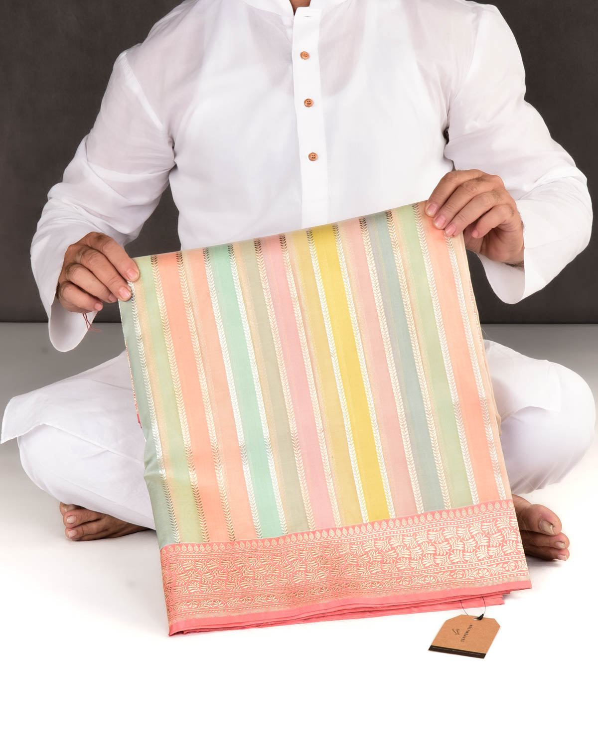 Multi-color Banarasi Candy Stripes Kadhuan Brocade Handwoven Kora Silk Saree-HolyWeaves