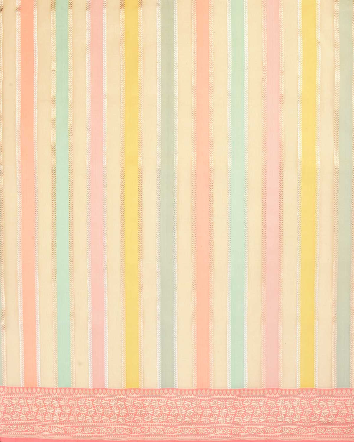 Multi-color Banarasi Candy Stripes Kadhuan Brocade Handwoven Kora Silk Saree-HolyWeaves